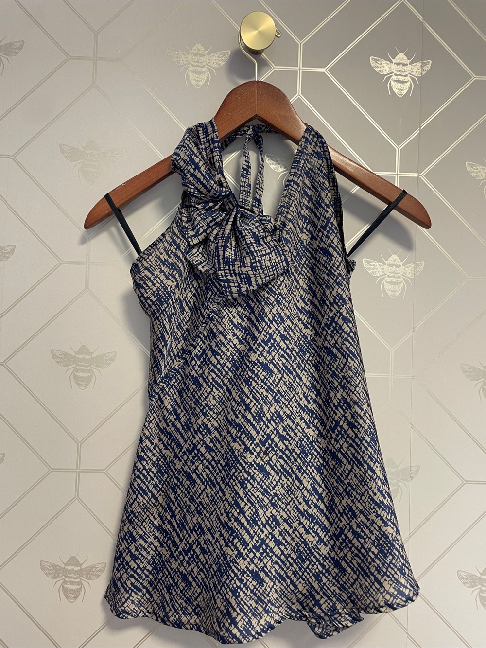 Navy Patterned Bow-Neck Halter Top - Backless